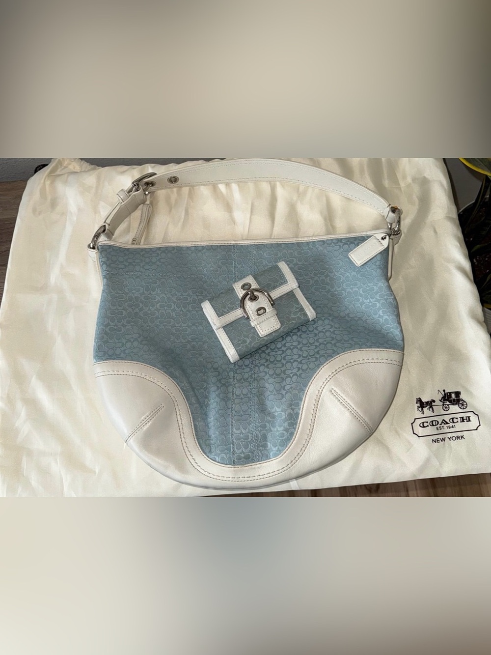 Coach Signature Blue and White Leather Hobo Shoulder Bag Wallet F10923 Y2K Vtg
